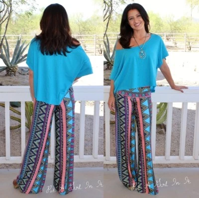 New JUP HIGH WAISTED BLUE PINK AZTEC PAINTED DESERT SILKY PALAZZO PANTS S M USA - Image 1 of 4