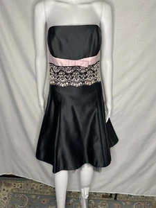 Jessica McClintock Gunne Sax Vintage 9 Strapless Black Satin Pink Bow 90s - Picture 1 of 6
