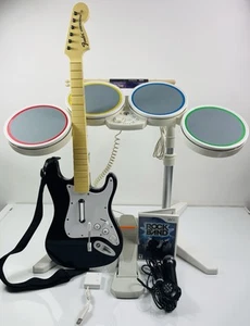 Nintendo Wii Rock Band Bundle Set W Wireless Guitar, Dongle Drums Game Mic - Picture 1 of 13