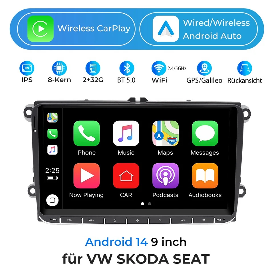 9" Autoradio CarPlay für VW SKODA SEAT GPS Radio Navigator WiFi +BT 8 Kern 2+32G - Bild 1 von 4