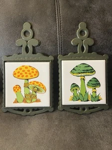 VTG Set Of 2 Green & Yellow Prince Mushroom Tile Cast Iron Trivets Wall Plaques - Picture 1 of 11