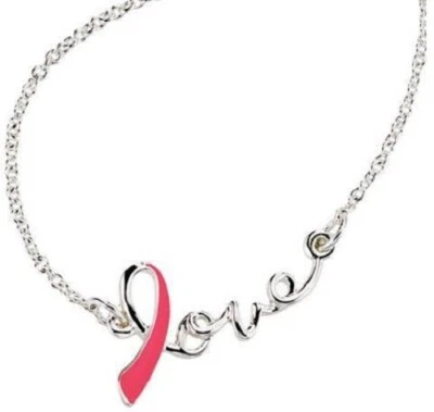 Necklace Avon Breast Cancer Awareness LOVE Ribbon Silvertone Discontinued - Image 1 of 3