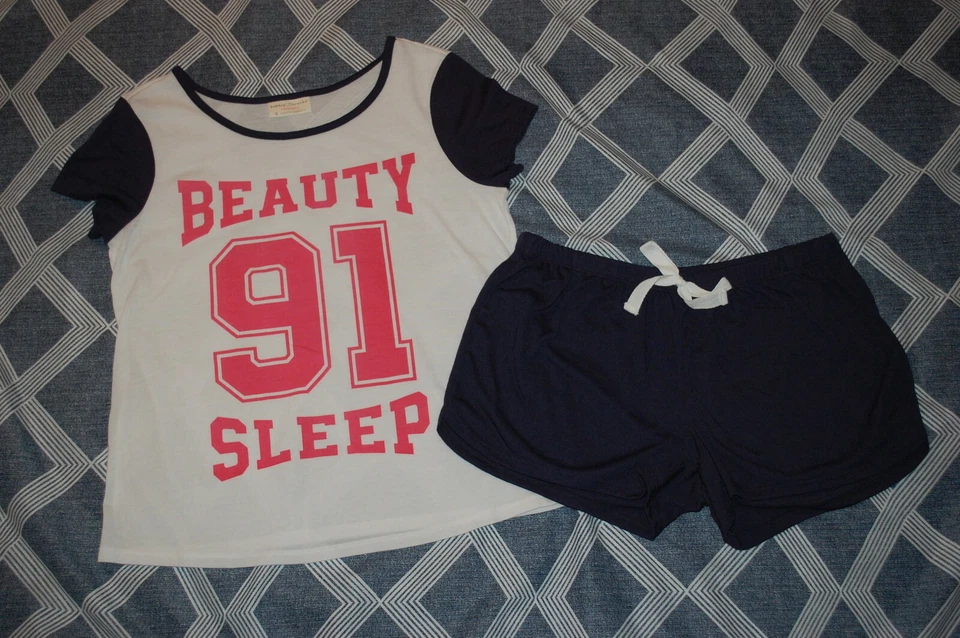 Conjunto de Pijama Feminino de Malha "BEAUTY SLEEP 91" Branco Azul Marinho Rosa P/S TOP & SHORTS Tamanho P - Imagem 1 de 1