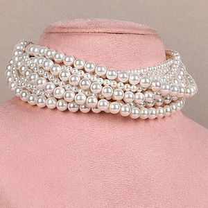 Multi-strand White Faux Pearl Choker Style Collar Chunky Chain Necklace Jewelry - Picture 1 of 9