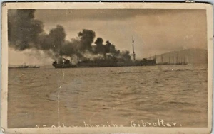 USS Ophir Burning Gibraltar ~ Real Photo US Navy Cargo Ship Postcard circa 1918 - Picture 1 of 2