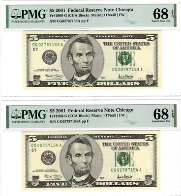 (2) 2001 $5 Sequential 68EPQ Superb GEM  Chicago  1988-G  TOP POP HIGHEST GRADE - Image 1 of 2