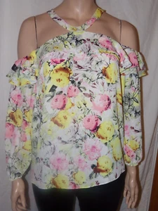 Size 0X International Concepts Pink & Yellow Long Sleeve Cold Shoulder Tunic - Picture 1 of 4
