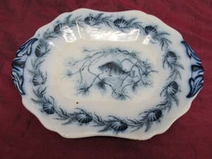 Antique Caldon England blue & white transferware dish with Perch fish 7" x 5.25" - Picture 1 of 6