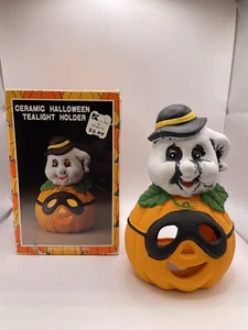 Vintage Ceramic Halloween Ghost Pumpkin Tea Light Candle Holder Kmart NIB - Picture 1 of 5