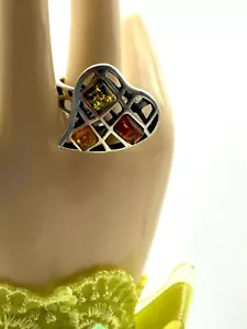 925 Sterling Silver Real Stone Amber Ring 4.85g Size L Heart Design - Picture 1 of 12