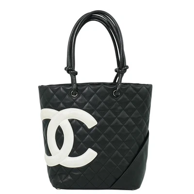 CHANEL CC Cambon Line Leather Tote Handbag Black White Silver - Image 1 of 4