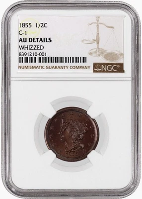 Moneda de medio centavo Cohen 1 C-1 NGC AU 1855 1/2C cabello trenzado detalles Foto 1 de 4
