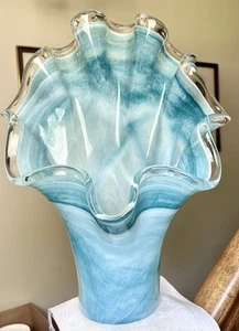"Florero grande de cristal artístico azul de Murano de 17"" de alto y 13"" de ancho" - Imagen 1 de 7
