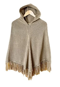 A.N.A. A NEW APPROACH Poncho Women's OSFM Camel Hooded Sweater Pullover Fringe - Picture 1 of 19
