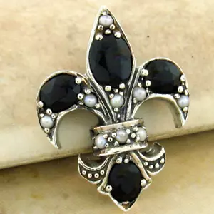 BLACK ONYX FLEUR-DE-LIS 925 SOLID STERLING SILVER ANTIQUE STYLE PENDANT 955X - Picture 1 of 1