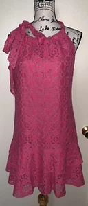 Trina Turk Tiered Dress Geometric Knit Pink Tie Shoulder Scoop Neck Medium NWT - Picture 1 of 8