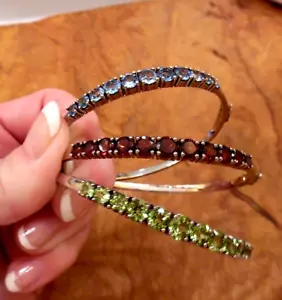 Set of Three gemstone bangle bracelets sterling Peridot, Red Garnet, Blue Topaz - Picture 1 of 9