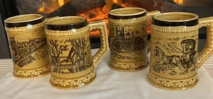 Vintage Beer Steins from Japan w/Victorian Carriage Scene Brown Ceramic Set of 4 - Picture 1 of 4