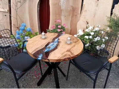 Blue Epoxy Resin Coffee Table Top Live Edge Walnut Wood Garden Furniture Decors - Image 1 of 4