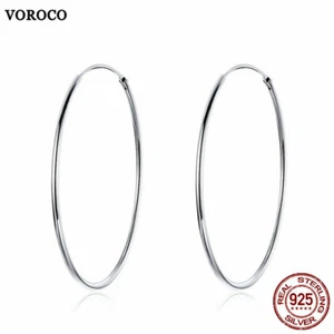 Voroco 925 Sterling Silver Simple Big Circle Buckle Party Earrings Women Gift - Picture 1 of 12
