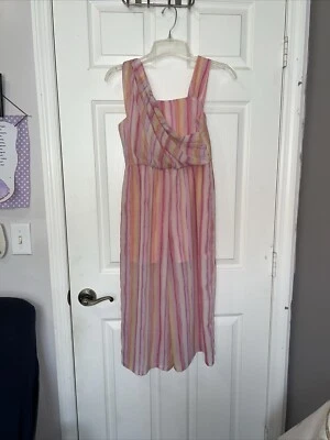 Girls Romper Dress With Sash Shoulder Size 12  Sequin Heart Pink, Yellow Stripes - Image 1 of 4