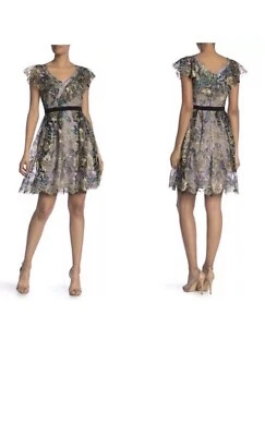 Vestido Donna Morgan Floral Bordado Superpuesto Tul Cuello en V Línea A Talla 6 Foto 1 de 4