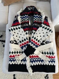 Polo RALPH LAUREN AZTEC CARDIGAN Geo Motif Style Wool Shawl White size M Medium - Picture 1 of 12