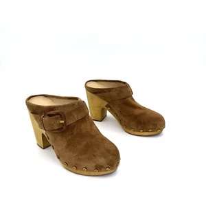 Veronica Beard Dacey Suede Clog Pecan 4" Heel Wood Platform Nail Heads 7;NIB - Picture 1 of 9