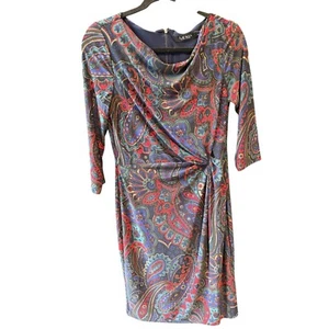 Abito tubino Lauren Ralph Lauren stampa paisley scollo cappuccio manica 3/4 taglia 6 - Foto 1 di 4