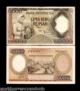 INDONESIA 5000 5,000 RUPIAH P63 1958 *REPLACEMENT WOMAN RIVER RICE CURRENCY NOTE - Picture 1 of 1