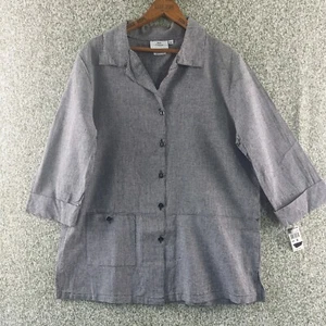 Hot Cotton Linen Blend Tops Womens Small Gray Button Up 3/4 Sleeve Tunic NWT - Picture 1 of 6