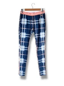 KARI TRAA Plaid Print Logo Waistband Pull On Leggings Blue & Pink Womens sz L - Picture 1 of 6