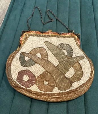 Antique French Beaded 1930s-40s Evening Bag Clutch Painted Metal Frame - Image 1 of 4