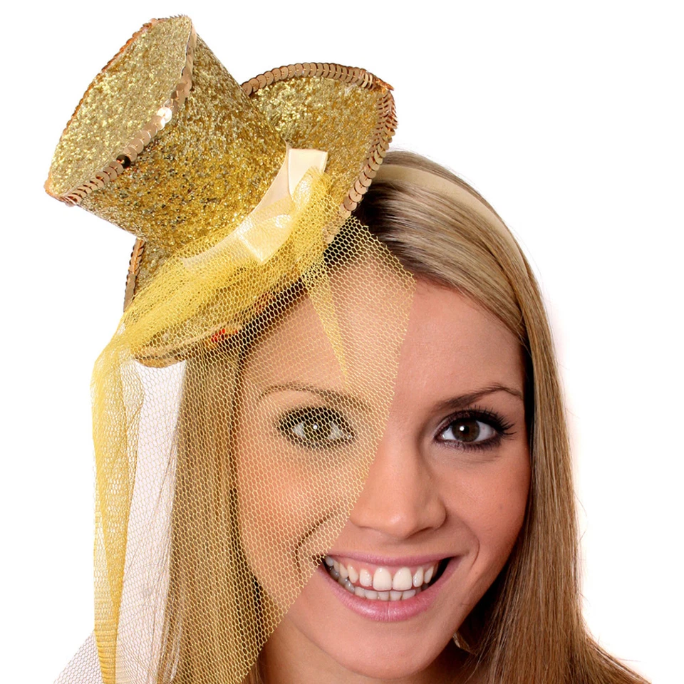 GOLD MINI TOP HAT WITH NET GLITTER FASCINATOR FANCY DRESS ACCESSORY CHRISTMAS - Image 1 of 4