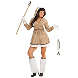 Warmes Kostüm Eskimo Minikleid für Frauen Beige-Weiß S 34-36 Inuit Damenkostüm - Bild 1 von 3