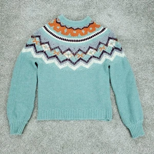 J Crew Sweater Womens Small Blue Fair Isle Nordic Zigzag Alpaca Lambswool Knit - Picture 1 of 13