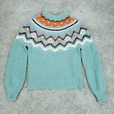 J Crew Sweater Womens Small Blue Fair Isle Nordic Zigzag Alpaca Lambswool Knit - Image 1 of 4