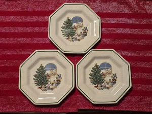 3er Set Nikko Weihnachten achteckiger Keramik Salatteller mit grünem Bandrand - Bild 1 von 11