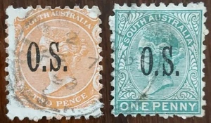 2x 1868-93 South Australia QV 'OS' OVPT stamps Used See Pics for grading - Picture 1 of 4