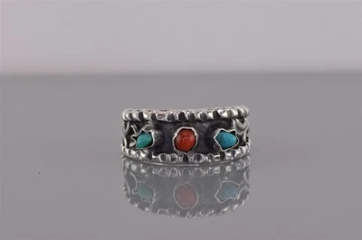 Taxco 纯银红色珊瑚绿松石口音缺口戒指 Mex 925 尺寸:11 — 第 1/4 张图片