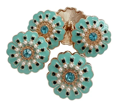 5PC Enamel Teal Green Flower Luxury Gold Metal Shank Buttons 25mm 1 Inch - Image 1 of 4
