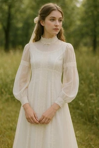 Vintage 60er Jahre Prairie Brautkleid transparent Chiffon Spitze hochgeschlossen S/M Gunne Style - Bild 1 von 12