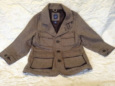 GAP BABY, UNISEX SAFARI JACKET, TODDLER SZ 4 NWOT, BROWN CHEVRON HERRINGBONE - Image 1 of 4