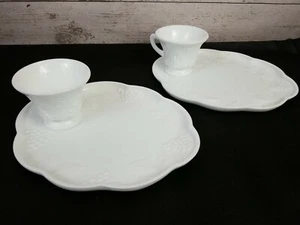Vintage Indiana Milk Glass Harvest Grape Lunch Snack Plate & Cup Sets Stunning! - Picture 1 of 12