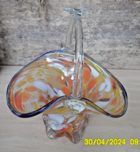 LBC C4 MURANO SCHALE LEER TASCHE GLAS MUNDGEBLASEN KORBFORM MUSTER ORANGE WEISS 25CM - Bild 1 von 7