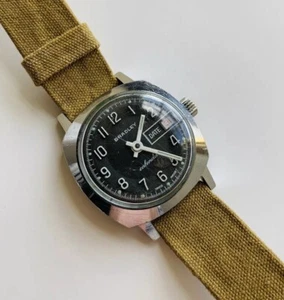 Vtg Mechanical Swiss Bradley Watch Handwind Black Dial Military Canvas Band Runs - Picture 1 of 6