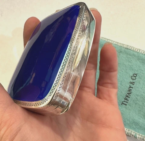 Tiffany & Co Sterling unique  Silver  and blue enamel Vintage Pill Box Cover