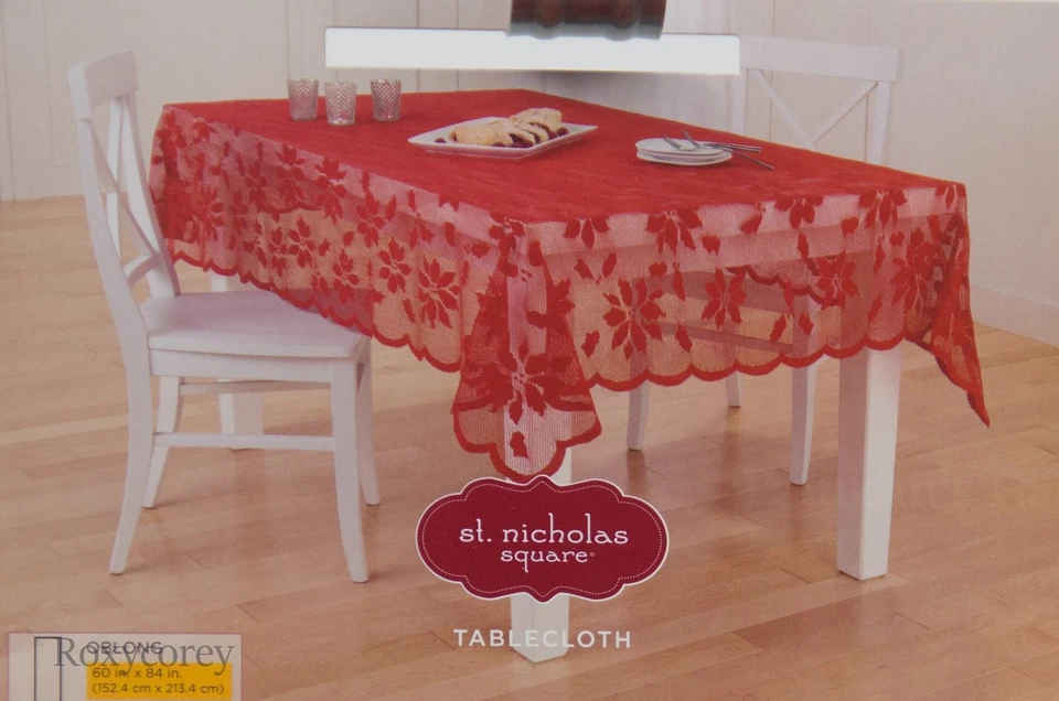 St. Nicholas Square Red Lace Tablecloth 60 X 84 Oblong Christmas Semi Sheer4