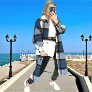 H&M Trend Conscious Oversized Warm Wool Blend Blue Plaid Coat Long Jacket sz XL - Picture 1 of 5