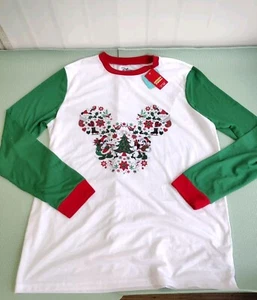 Disney Christmas Mens Pajama Shirt Long Sleev Mickey Mouse Wht Red Green Size LT - Picture 1 of 9